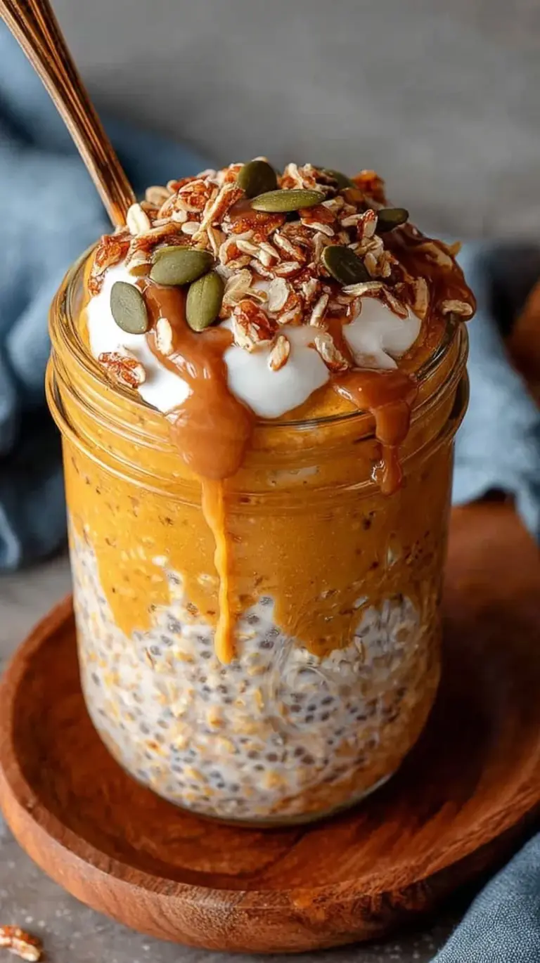 A creamy mason jar filled with pumpkin overnight oats topped with pumpkin spice.