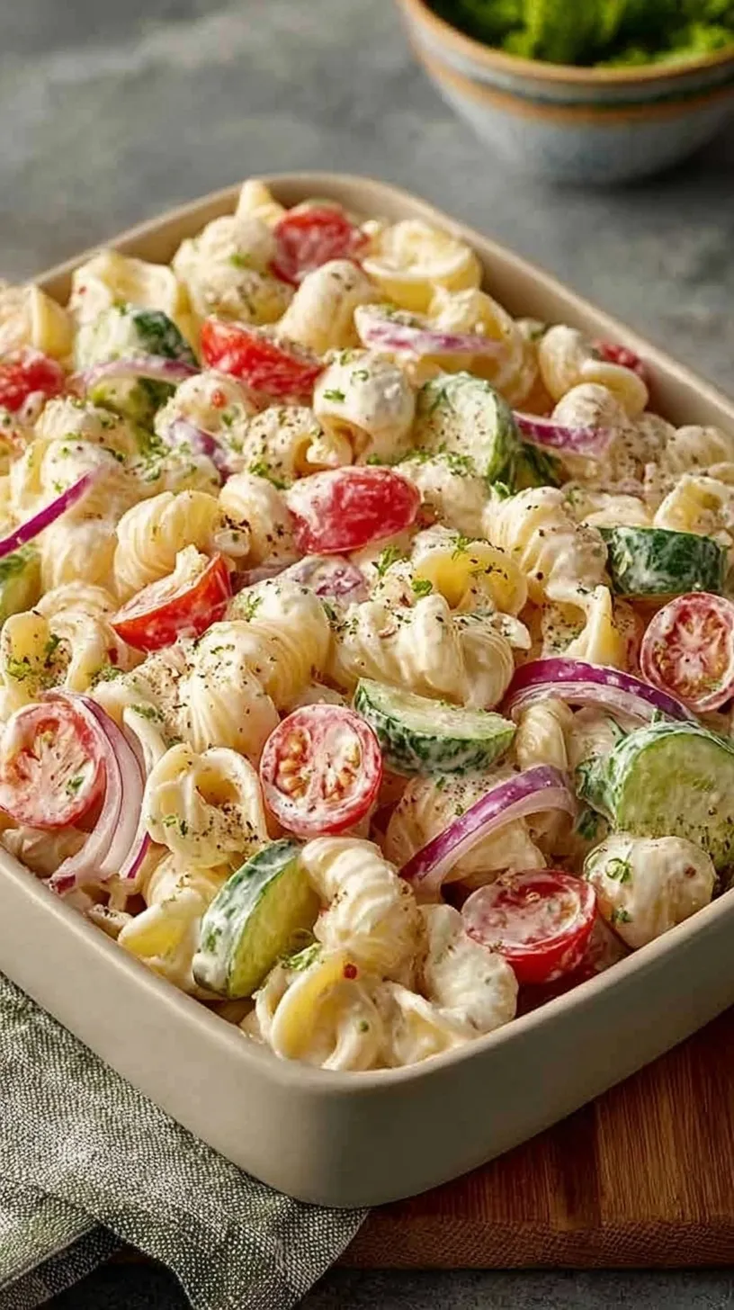 A colorful bowl of high protein ranch pasta salad with chicken, tomatoes, and spinach.