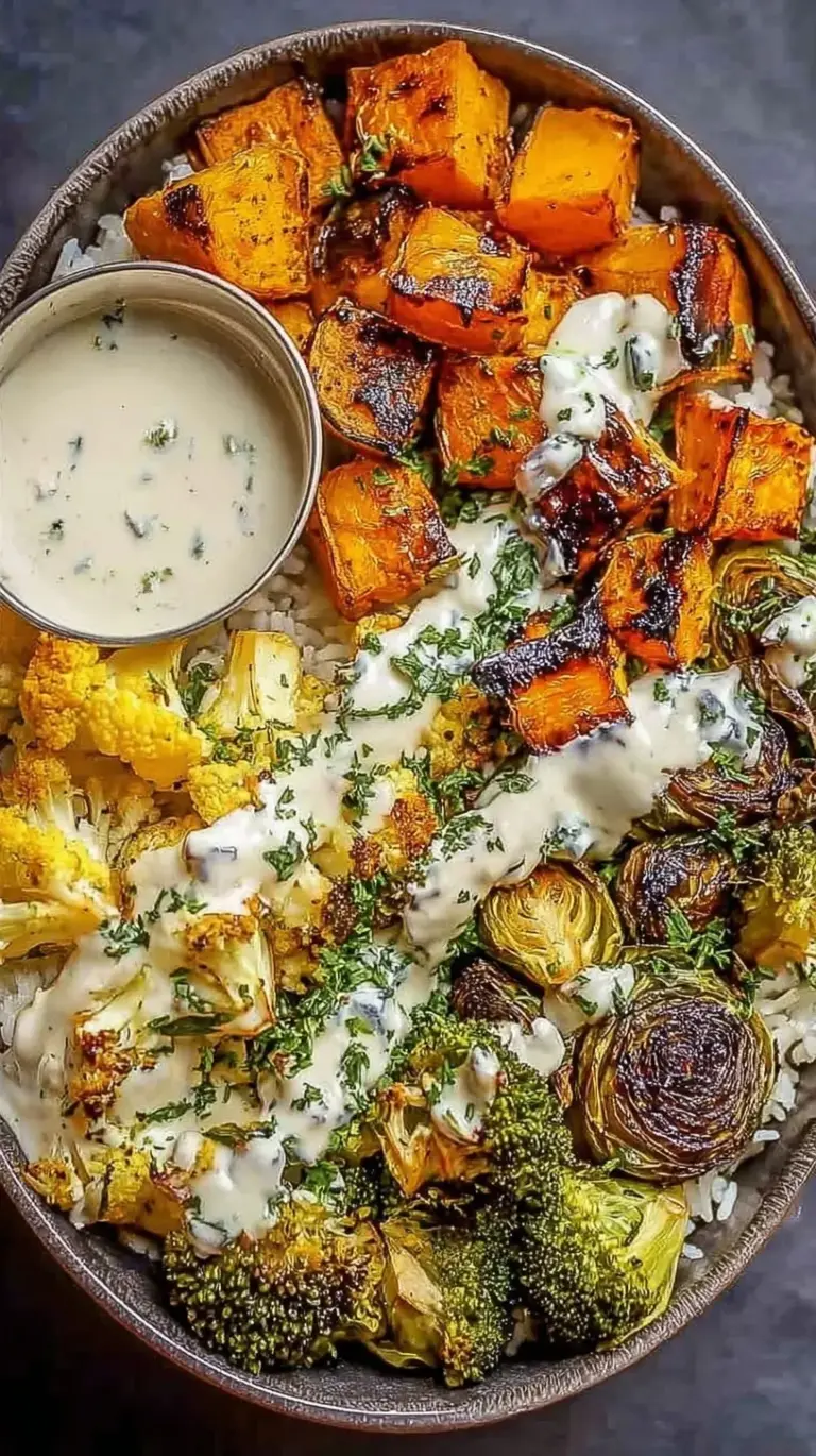A colorful roasted winter vegetable nourish bowl with quinoa, sweet potatoes, and tahini dressing
