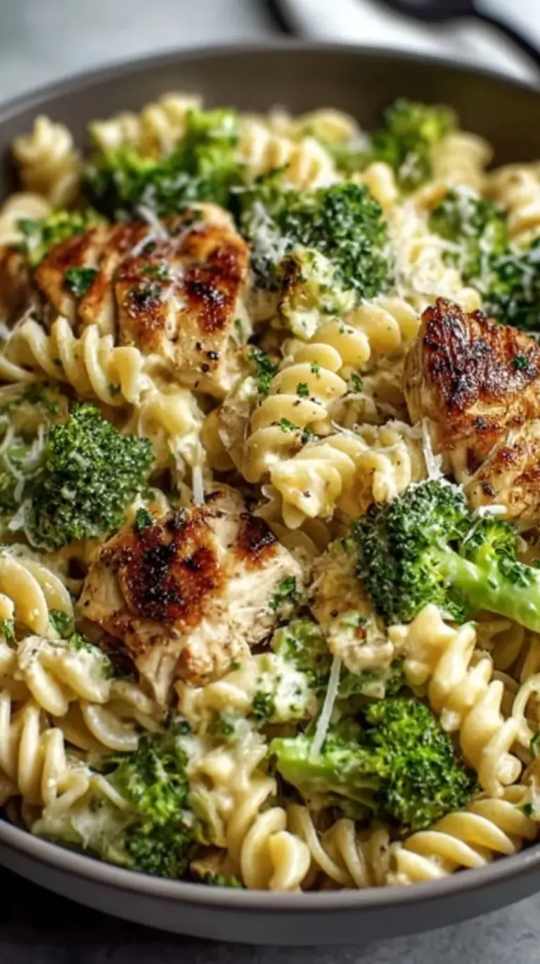 A bowl of creamy high protein chicken pasta with green broccoli florets and shredded rotisserie chicken.