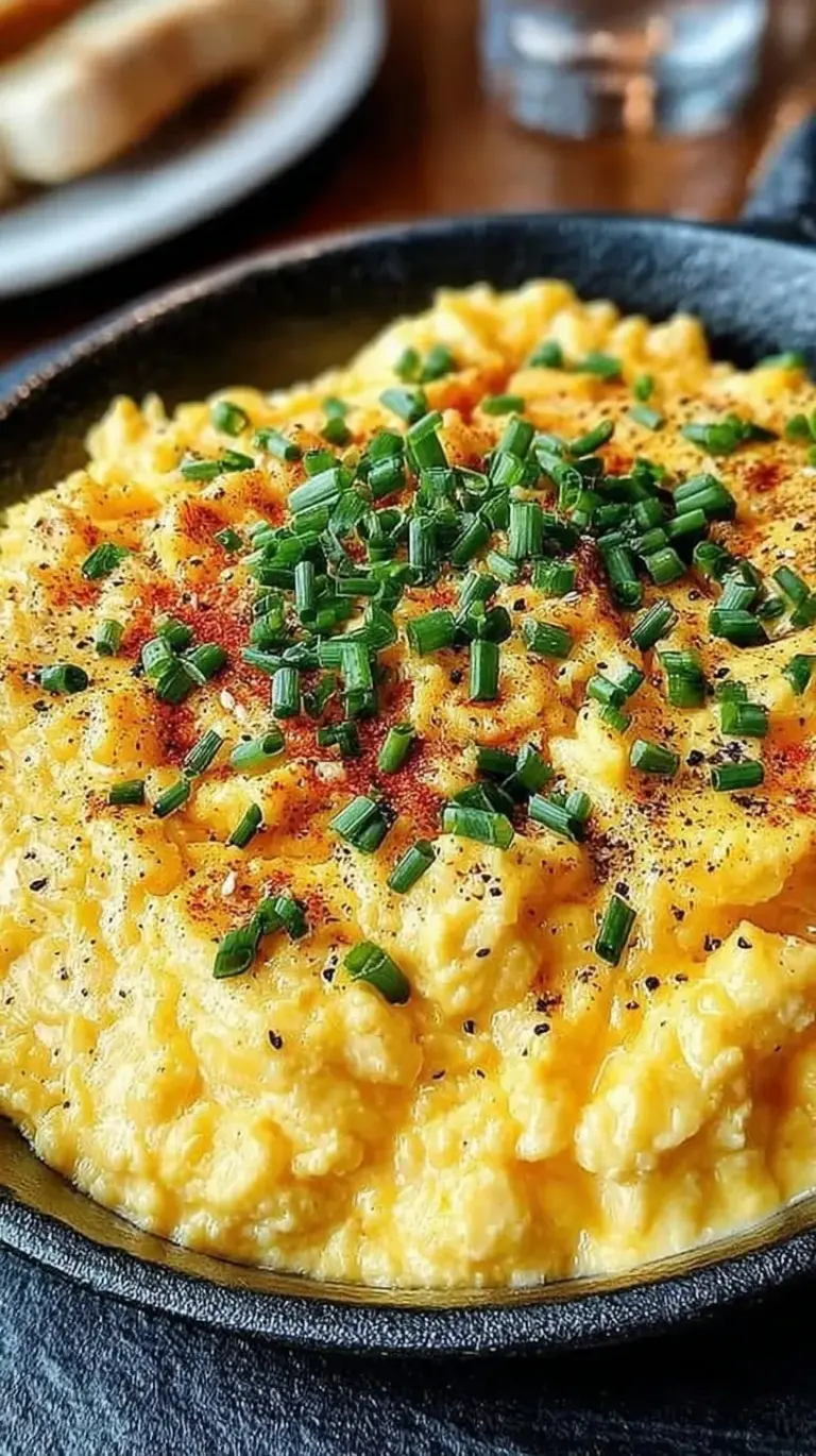 A plate of fluffy, creamy scrambled eggs topped with fresh green chives and black pepper.