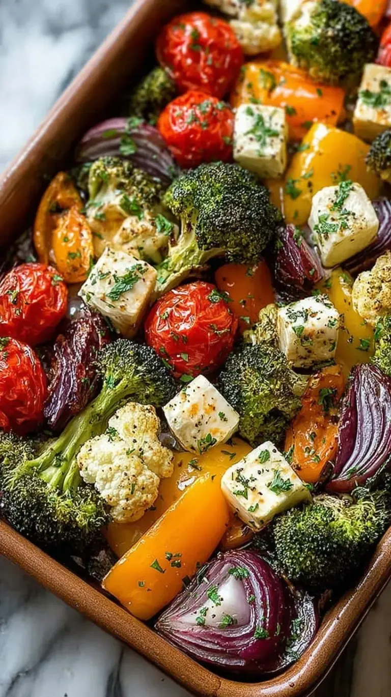 A colorful baking sheet filled with roasted tofu cubes, chickpeas, broccoli, and red peppers.