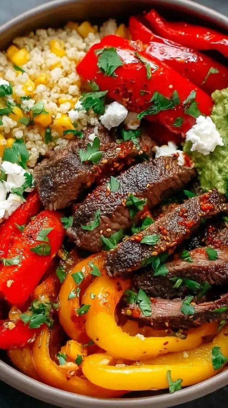 A vibrant steak fajita bowl with seared beef, colorful peppers, and avocado over cauliflower rice.