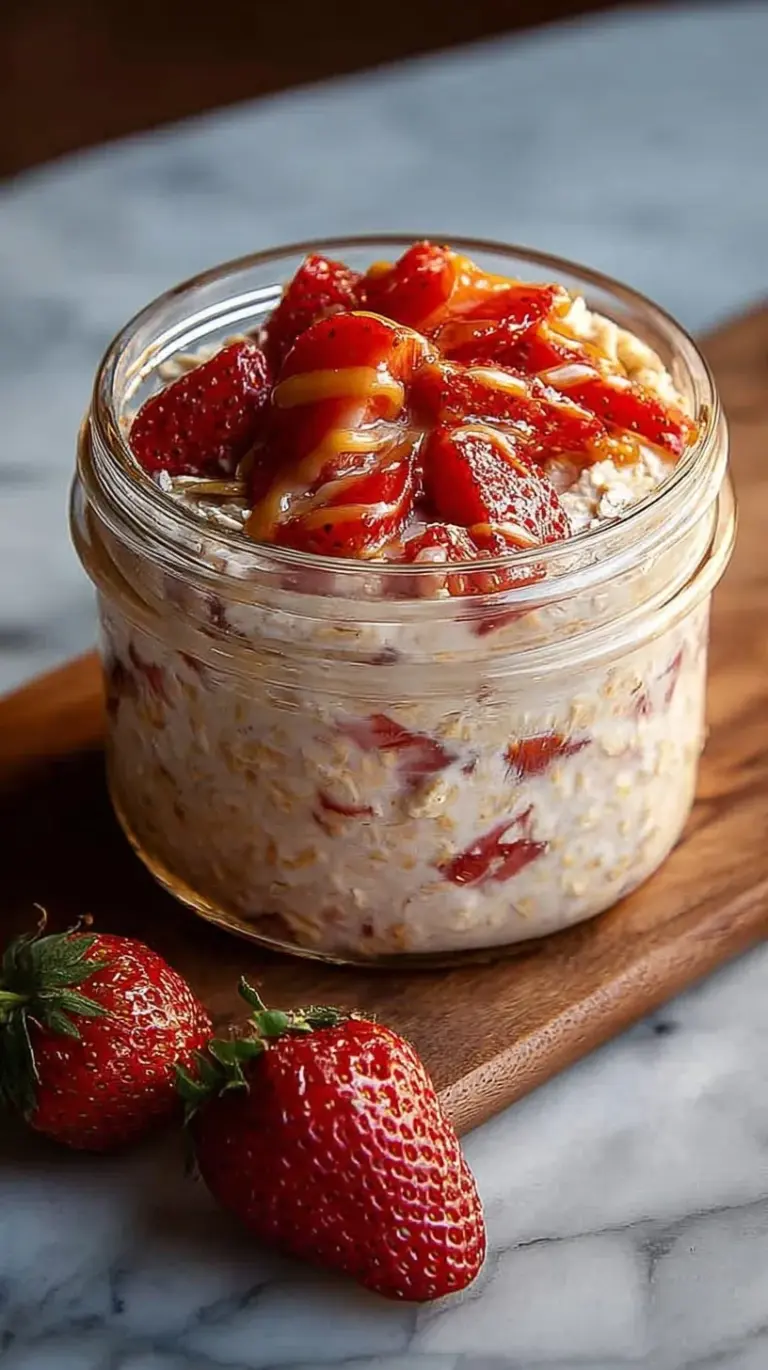 A glass jar filled with creamy strawberry overnight oats topped with fresh berries and chia seeds.