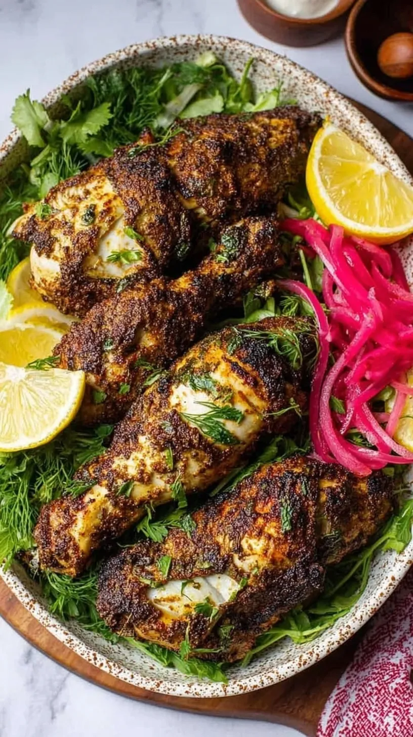 Golden brown sumac-seasoned chicken cubes in an air fryer basket with lemon wedges