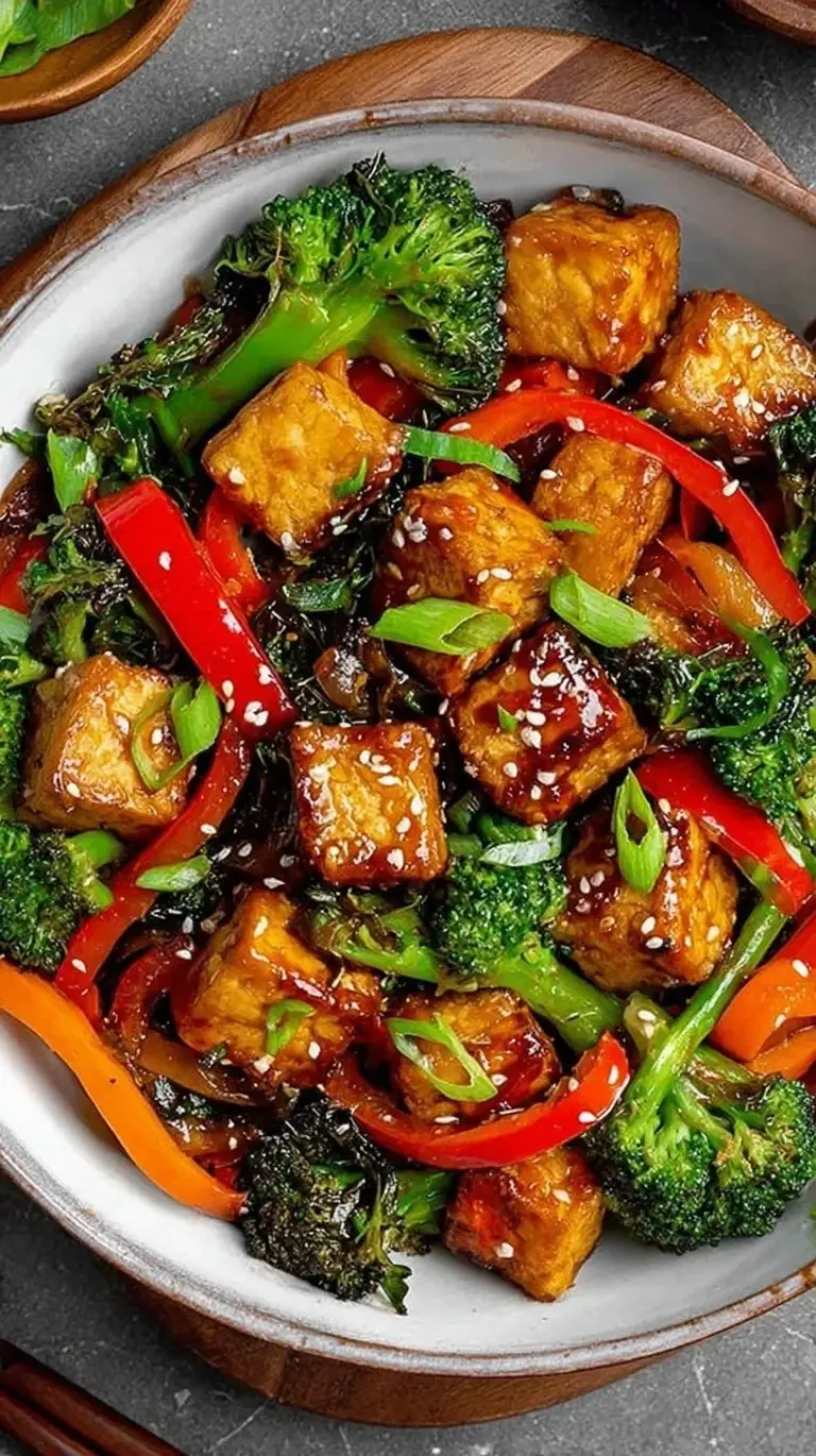 A colorful stir-fry with golden tempeh, green broccoli, and red peppers in a glossy glaze.