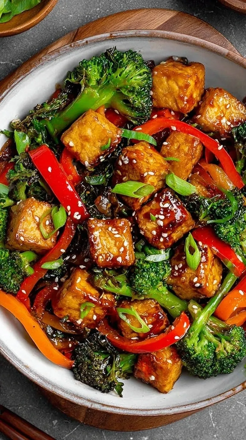 A colorful stir-fry with golden tempeh, green broccoli, and red peppers in a glossy glaze.
