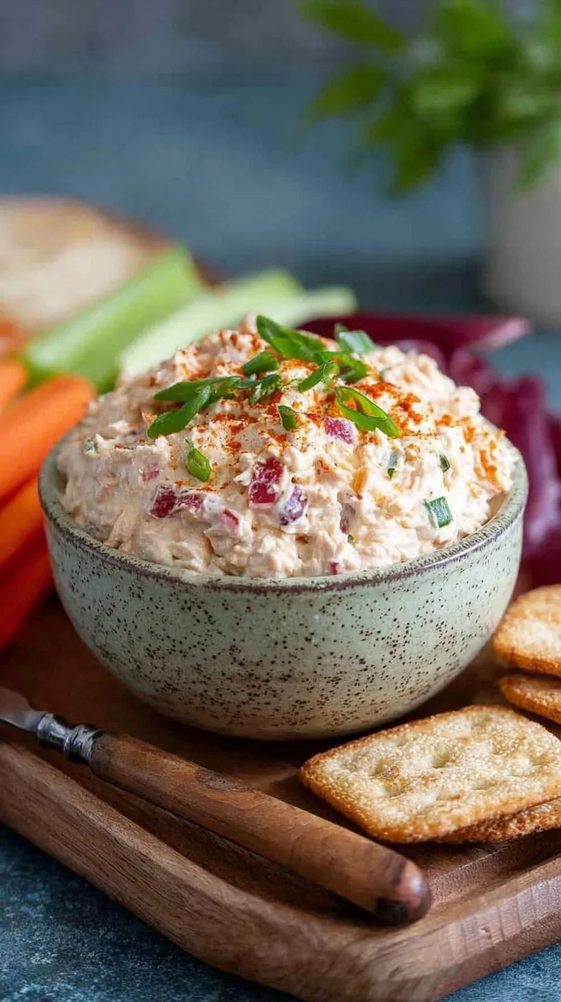 A bowl of creamy high protein tuna spread topped with fresh dill and served with crisp celery sticks.