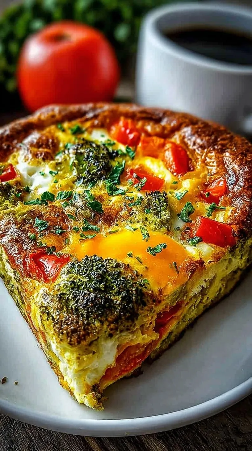 A golden brown High Protein Breakfast Bake sliced into squares in a white ceramic dish.