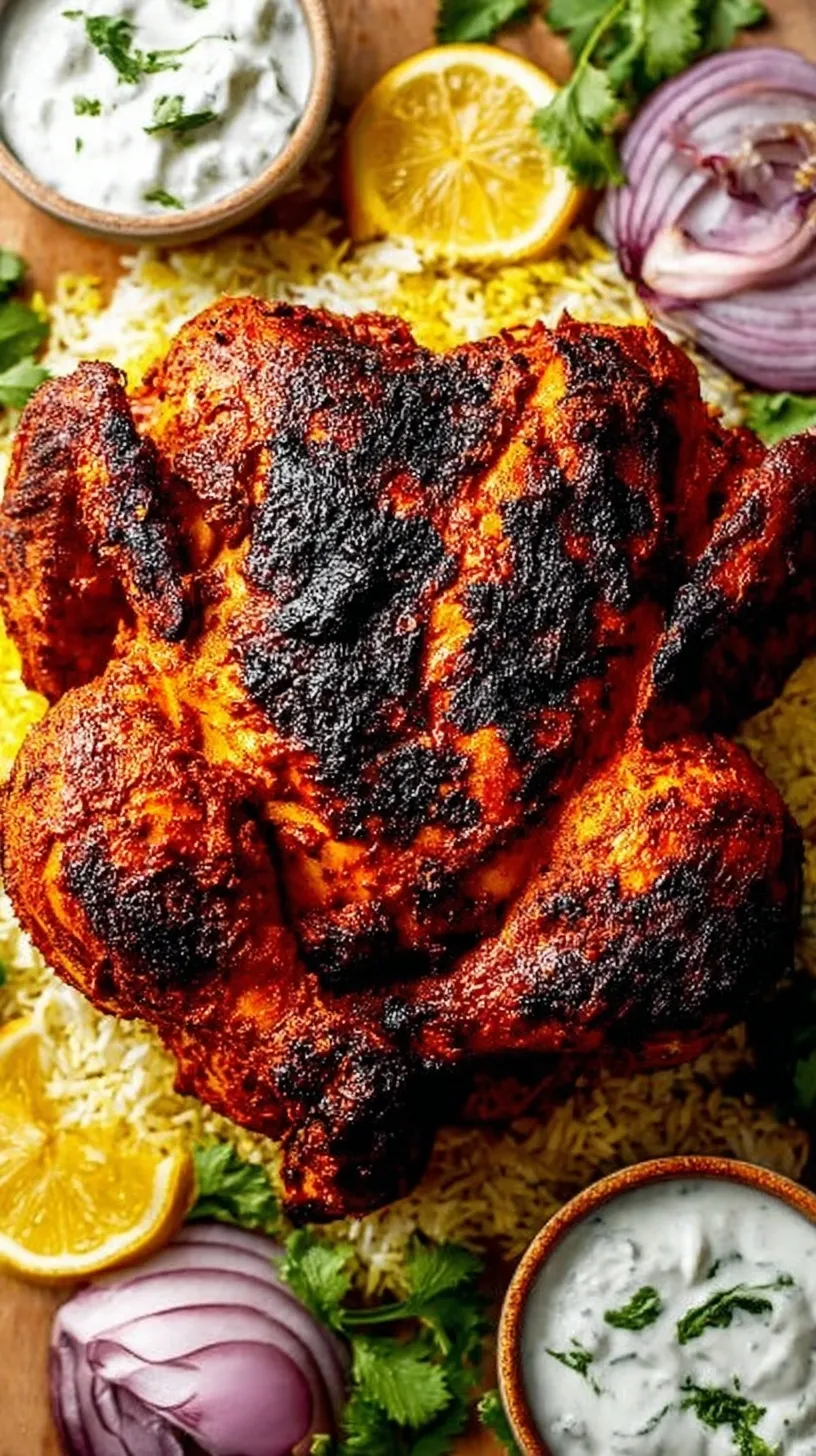 A golden-brown whole roasted tandoori chicken on a wire rack with lemon wedges and fresh herbs