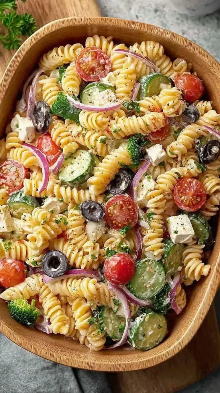 A colorful bowl of high-protein pasta salad with chicken, tomatoes, and feta cheese