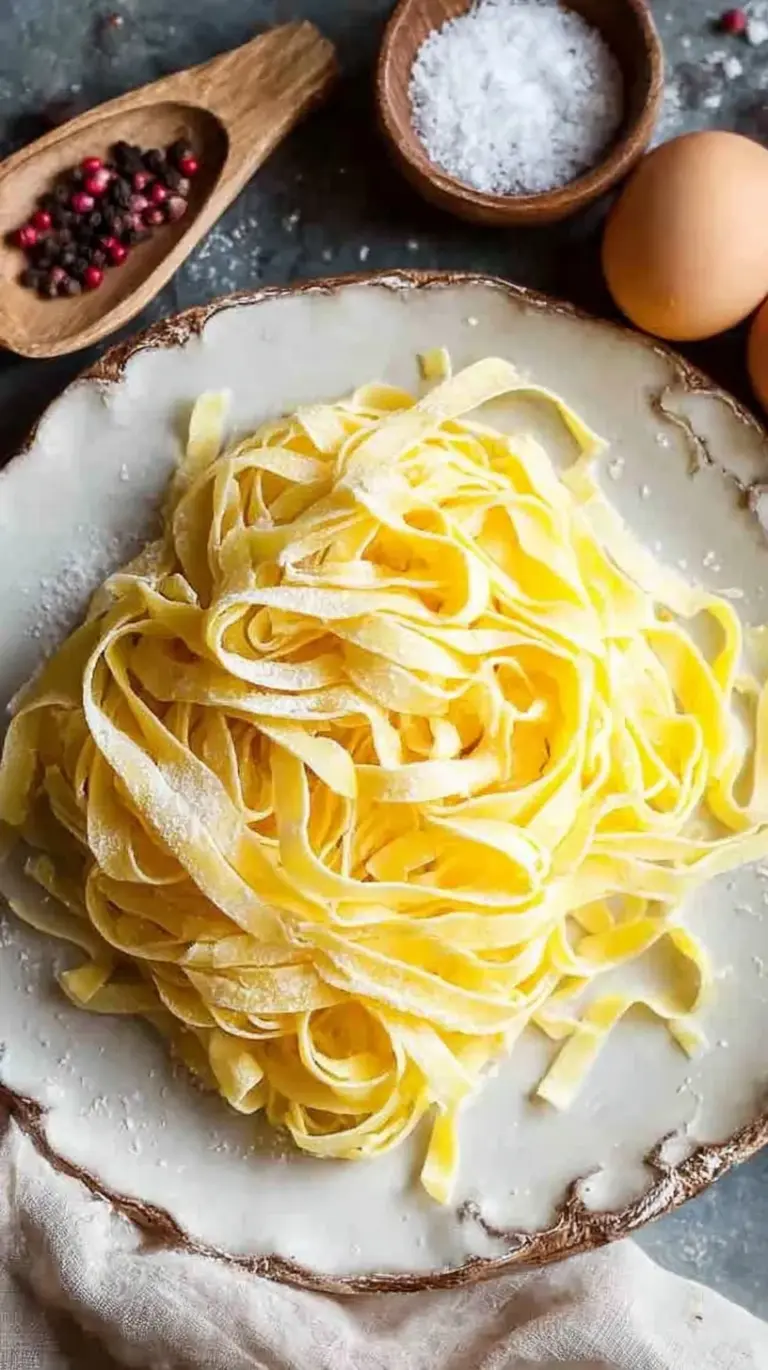 Golden ribbons of keto egg noodles tossed in a light herb butter on a white plate