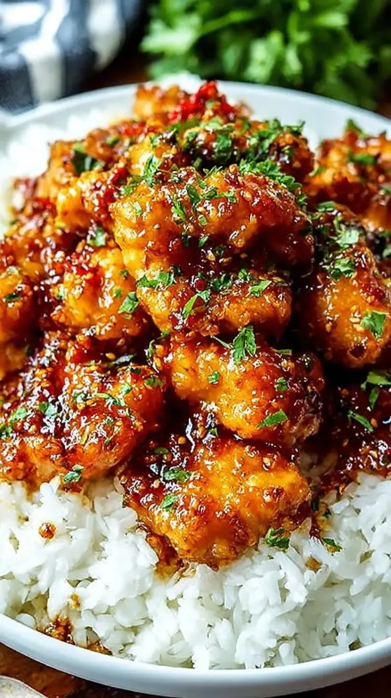 Golden pan-seared chicken cubes coated in a glossy honey garlic glaze served over white rice.