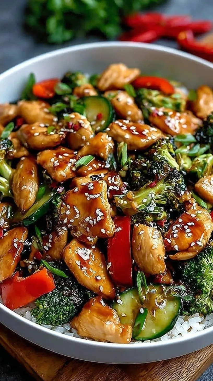 A vibrant skillet of honey garlic chicken stir fry with broccoli, red peppers, and sesame seeds.