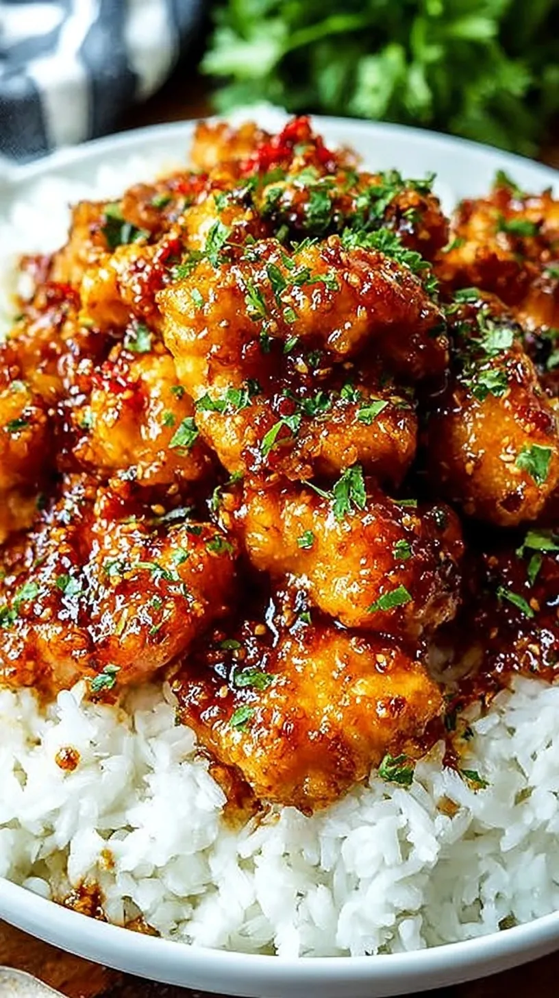 Golden pan-seared chicken cubes coated in a glossy honey garlic glaze served over white rice.