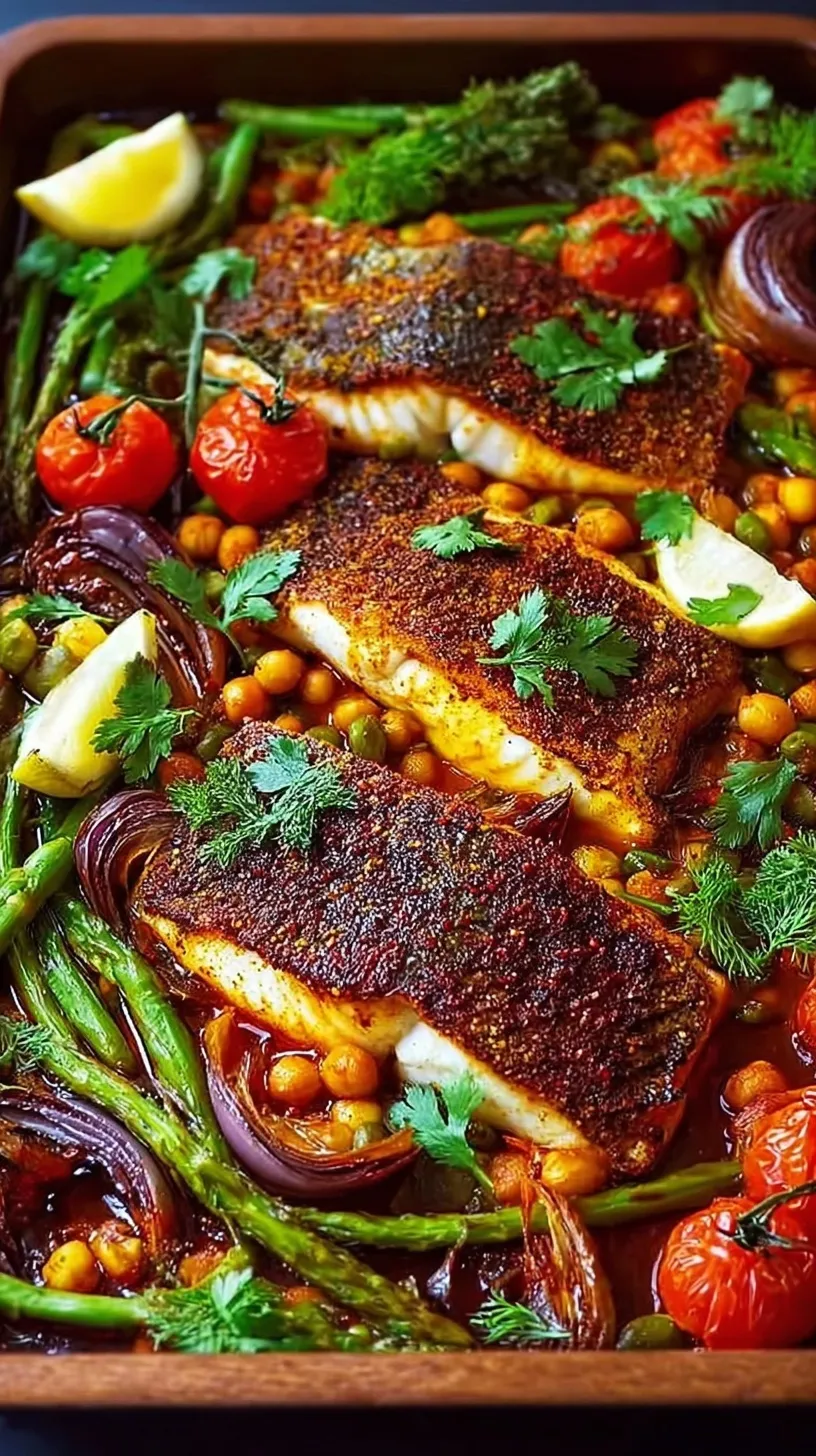 A colorful sheet pan with honey harissa glazed barramundi, roasted peppers, zucchini, and chickpeas.