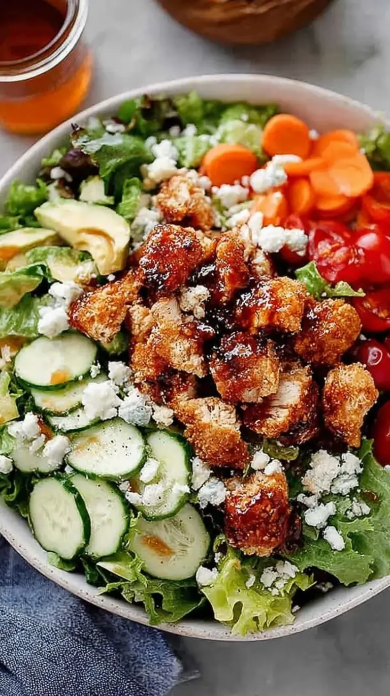 Sliced hot honey glazed chicken on a bed of fresh mixed greens with cherry tomatoes and sunflower seeds.