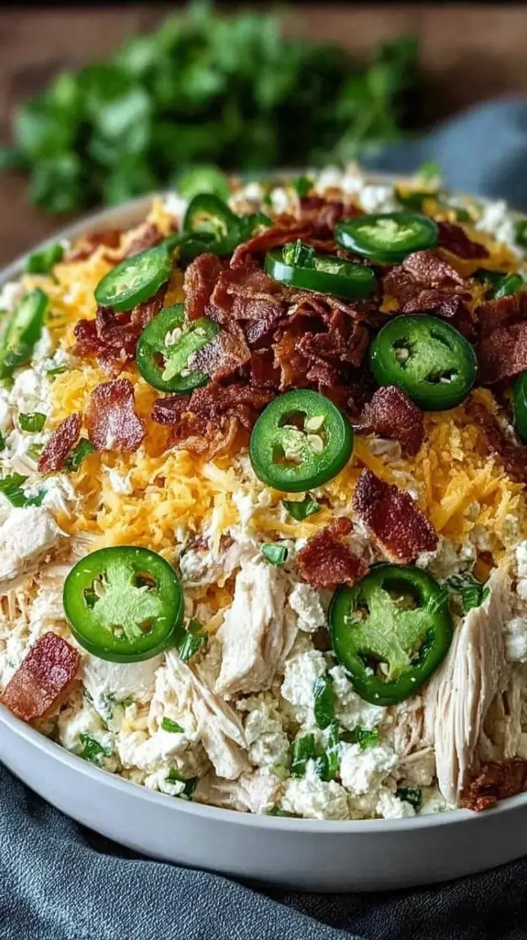 A vibrant bowl of Jalapeno Popper Chicken Salad with bacon bits and shredded cheddar cheese.
