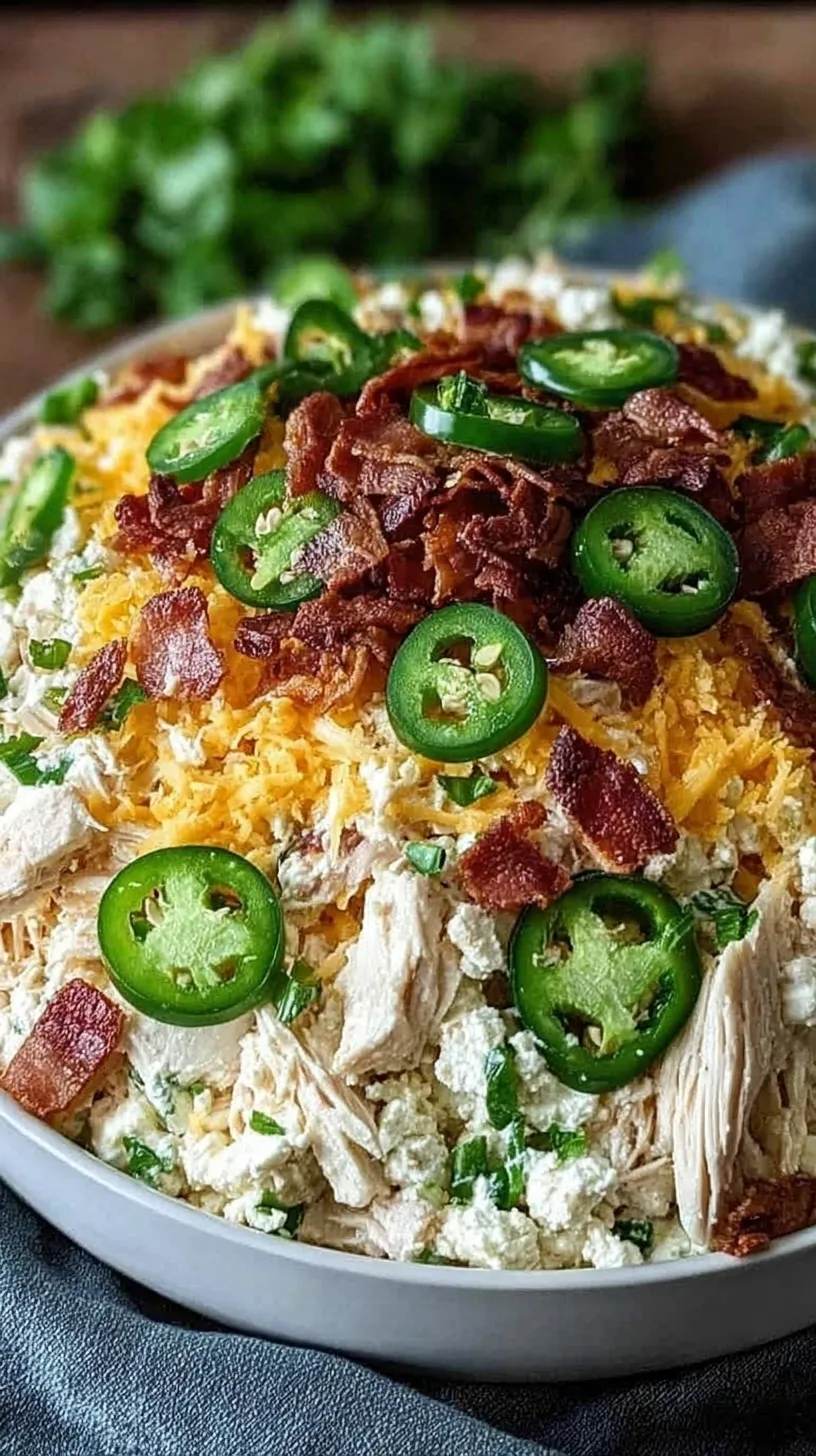 A vibrant bowl of Jalapeno Popper Chicken Salad with bacon bits and shredded cheddar cheese.