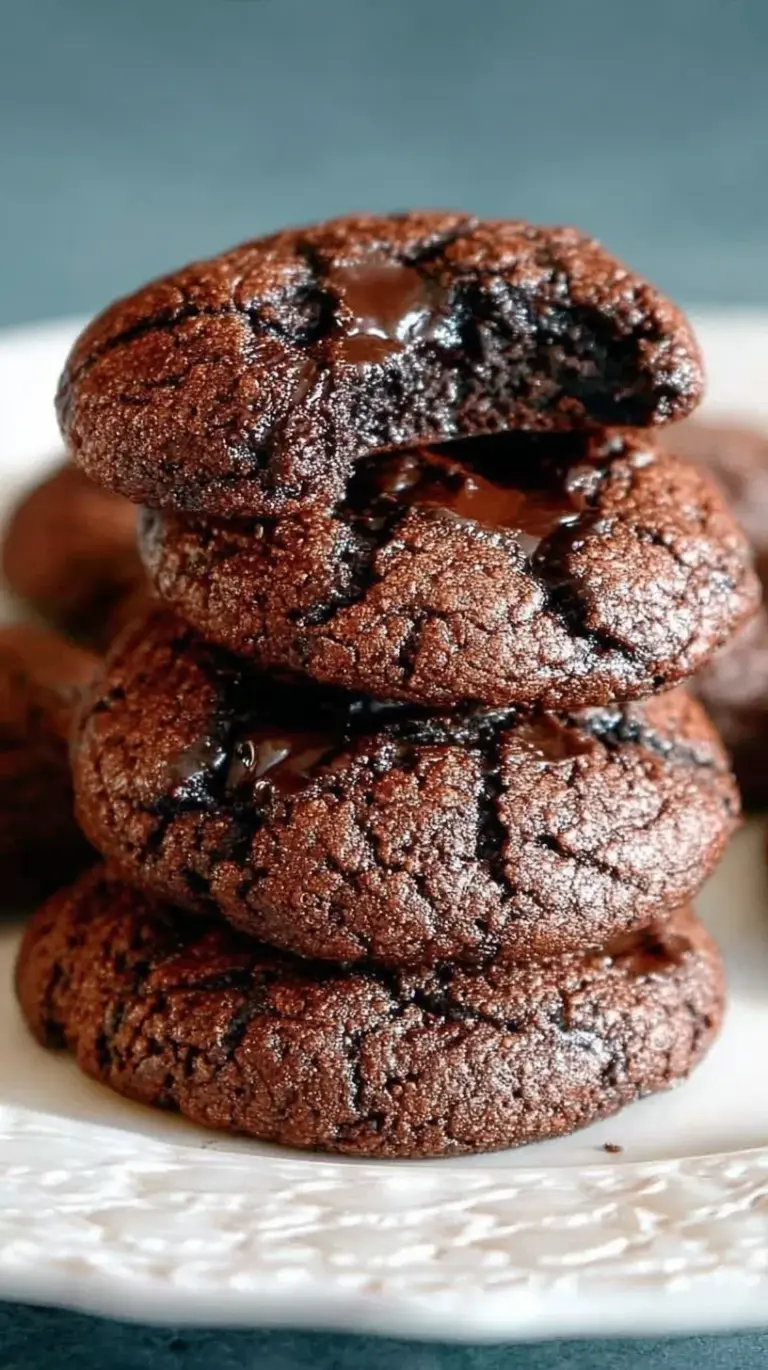 A stack of dense chocolate fudge cookies with sugar-free chocolate chips on a parchment-lined tray.