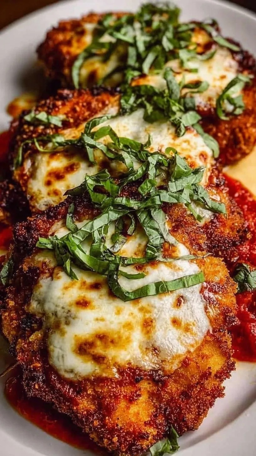 Golden brown keto chicken parmesan topped with melted mozzarella and fresh basil in a skillet.