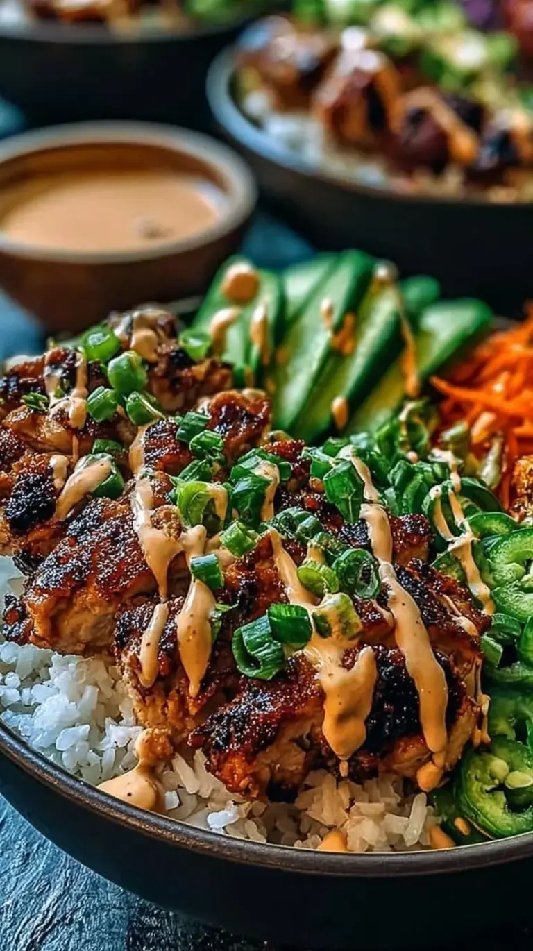 A colorful bowl of Korean BBQ chicken with julienned carrots, cucumber, and kimchi over rice.