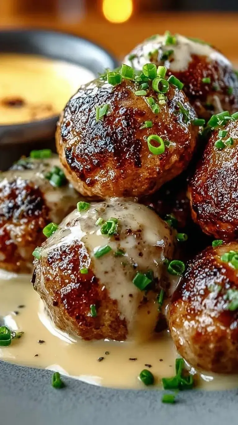 A plate of glazed Korean BBQ meatballs garnished with green onions and a side of spicy mayo dip