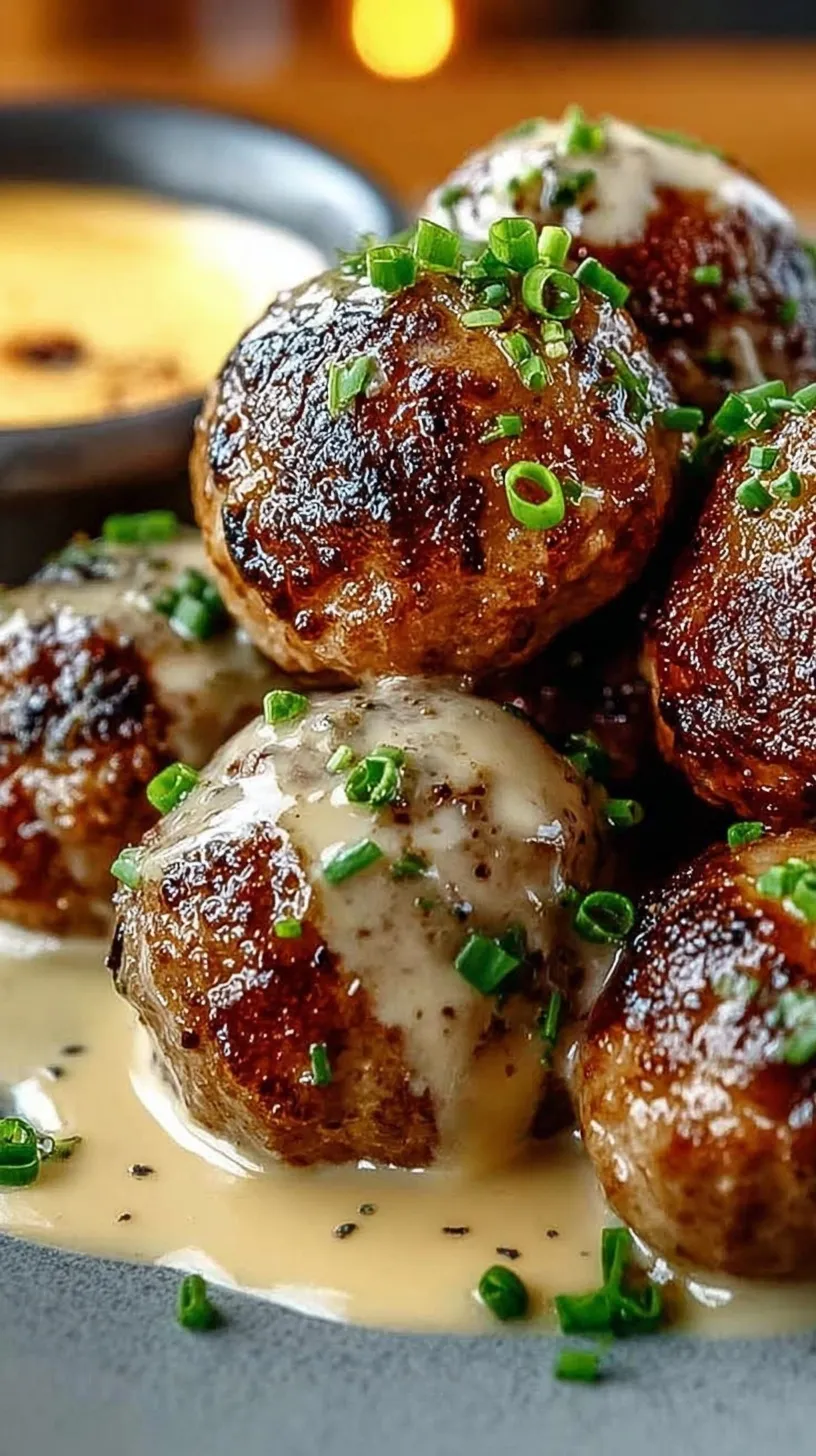 A plate of glazed Korean BBQ meatballs garnished with green onions and a side of spicy mayo dip