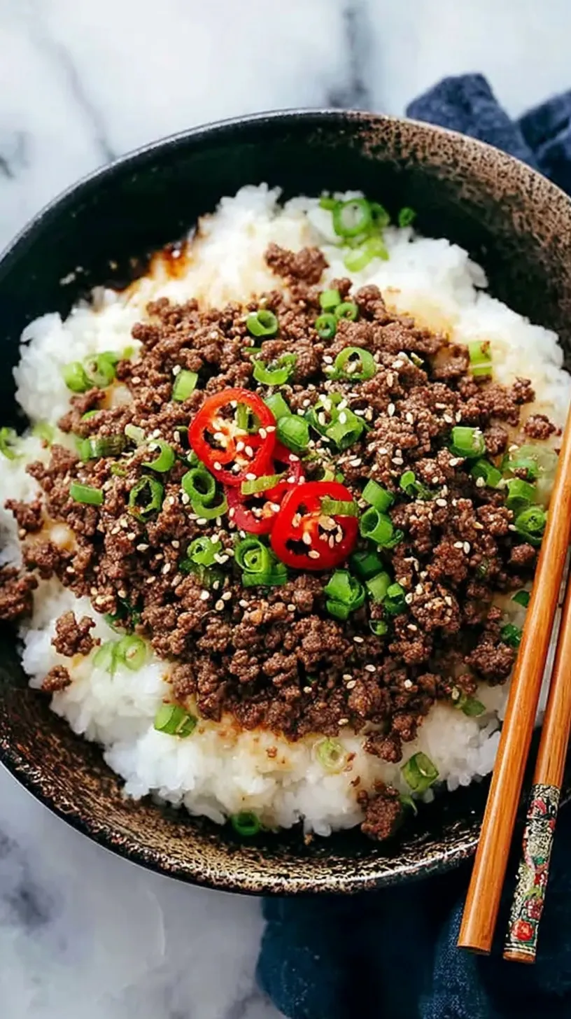 A colorful bowl of Korean ground beef with green onions and sesame seeds over white rice