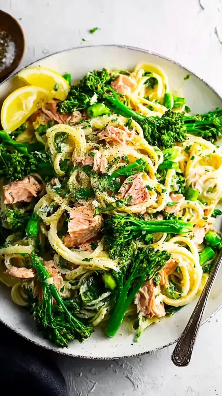 A plate of creamy Lemony Salmon Pasta with flaked salmon, fresh parsley, and lemon zest.