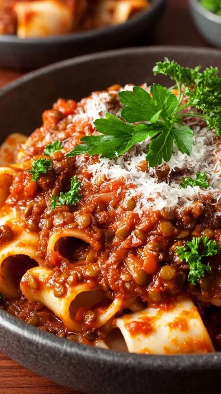A steaming bowl of hearty lentil ragu served over thick pasta with fresh herbs