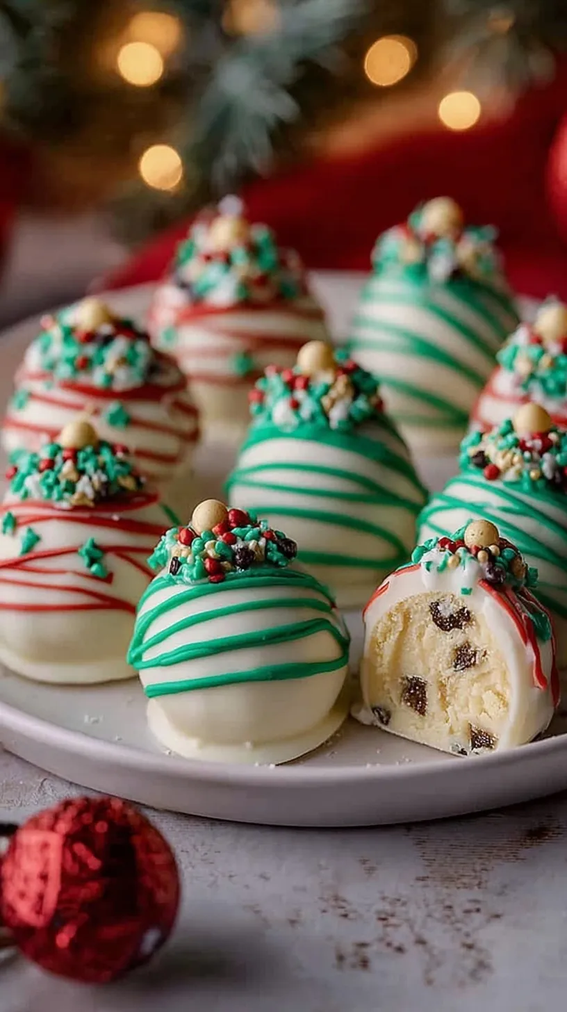 Festive white chocolate coated truffles decorated with red and green sprinkles on a holiday platter.