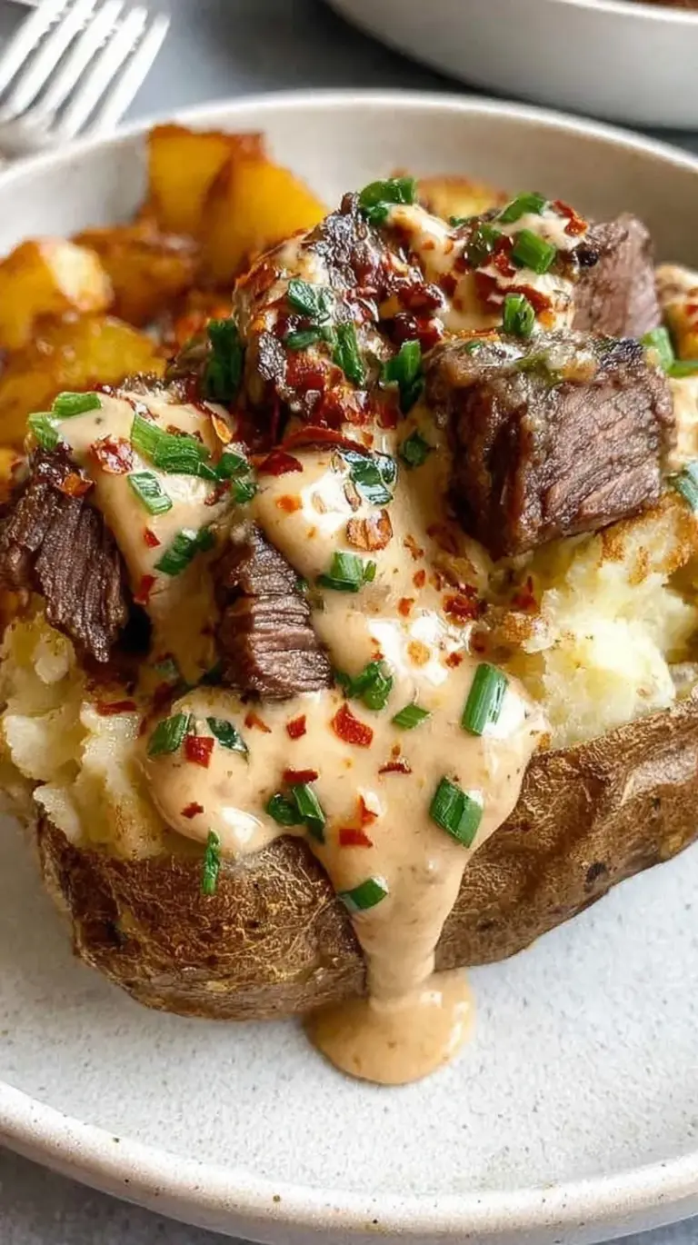 A loaded baked potato topped with seared steak strips, melted cheese, bacon, and sour cream.