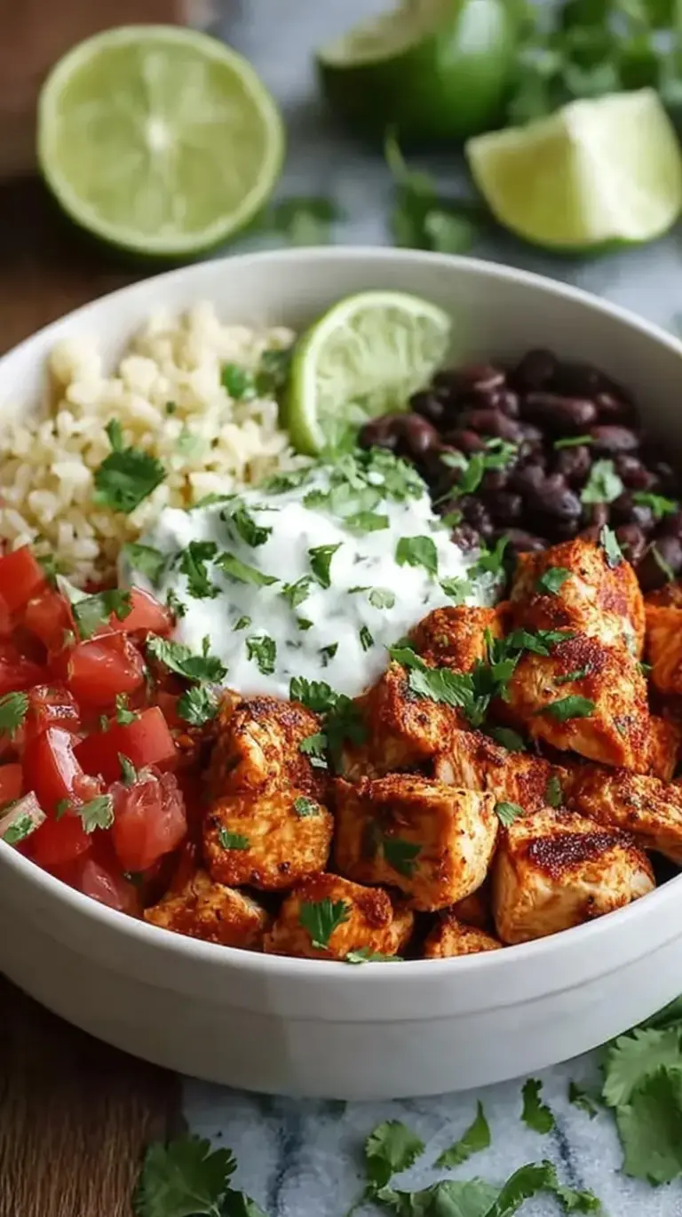 A vibrant chicken burrito bowl with cauliflower rice and fresh vegetables.