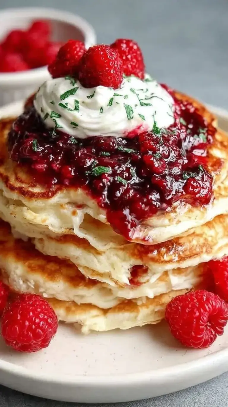 A stack of golden low calorie protein pancakes topped with fresh berries