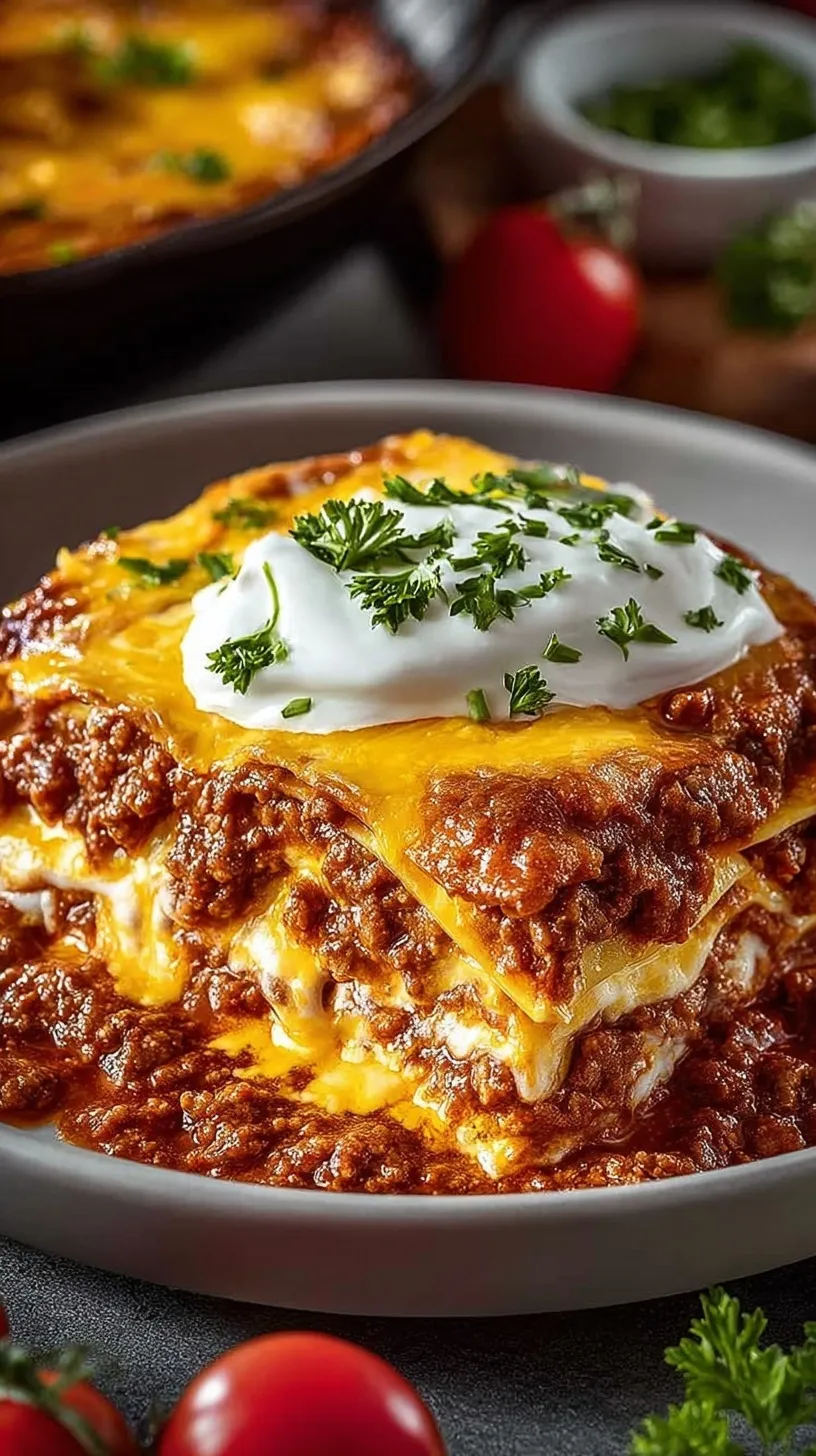 A slice of cheesy low carb lasagna made with egg white wraps on a white plate.