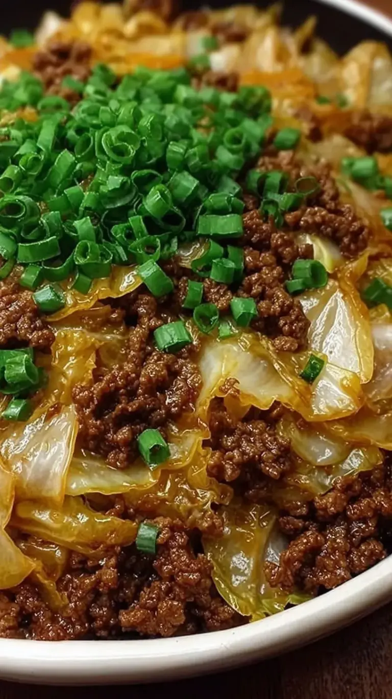 Sizzling Low Carb Mongolian Beef with shredded cabbage and green onions in a dark skillet