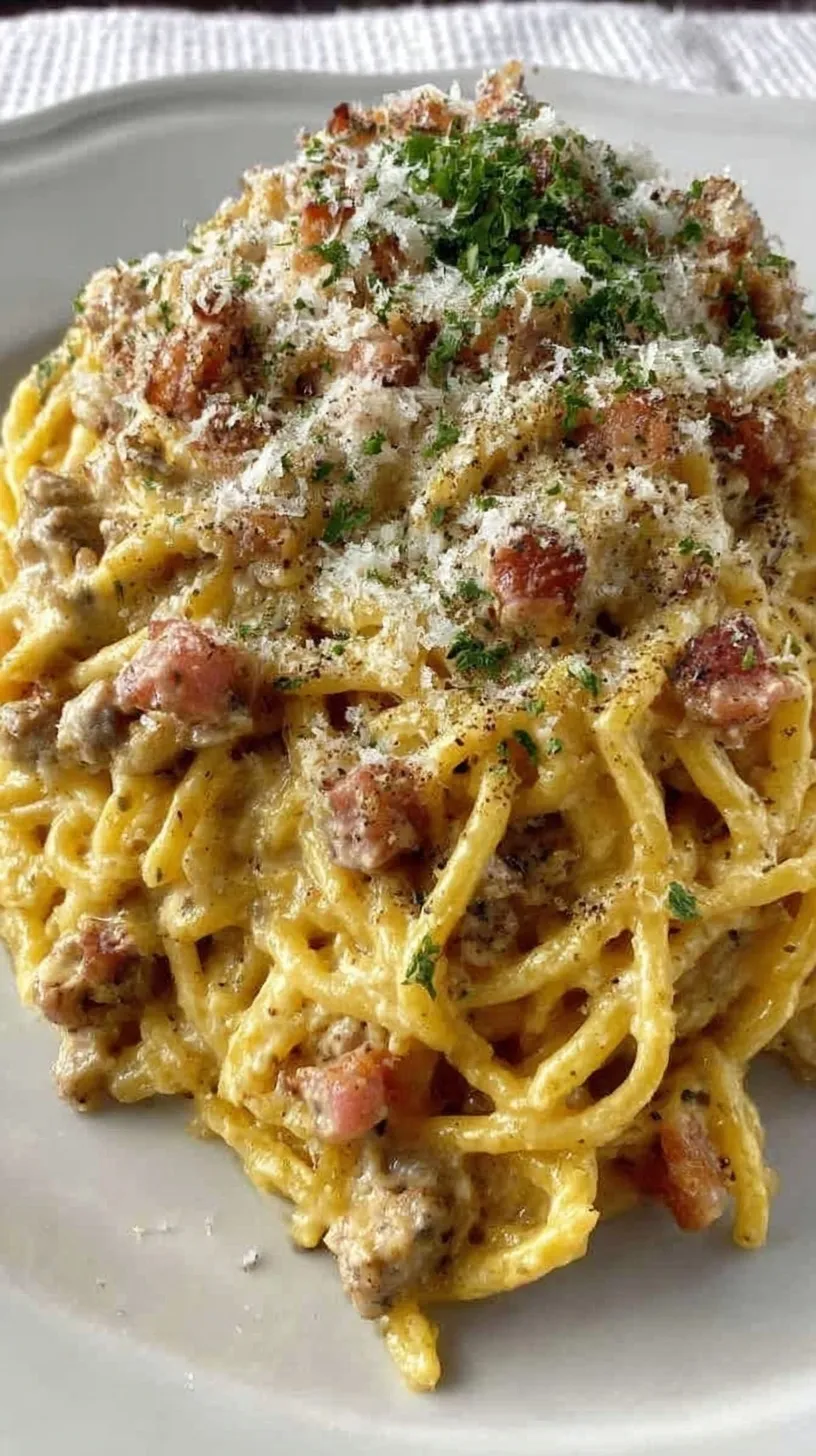 A close up of creamy zucchini noodle carbonara with crispy guanciale and grated cheese