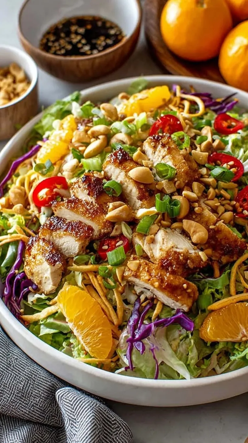 A colorful bowl of mandarin chicken salad with sliced almonds and oranges.