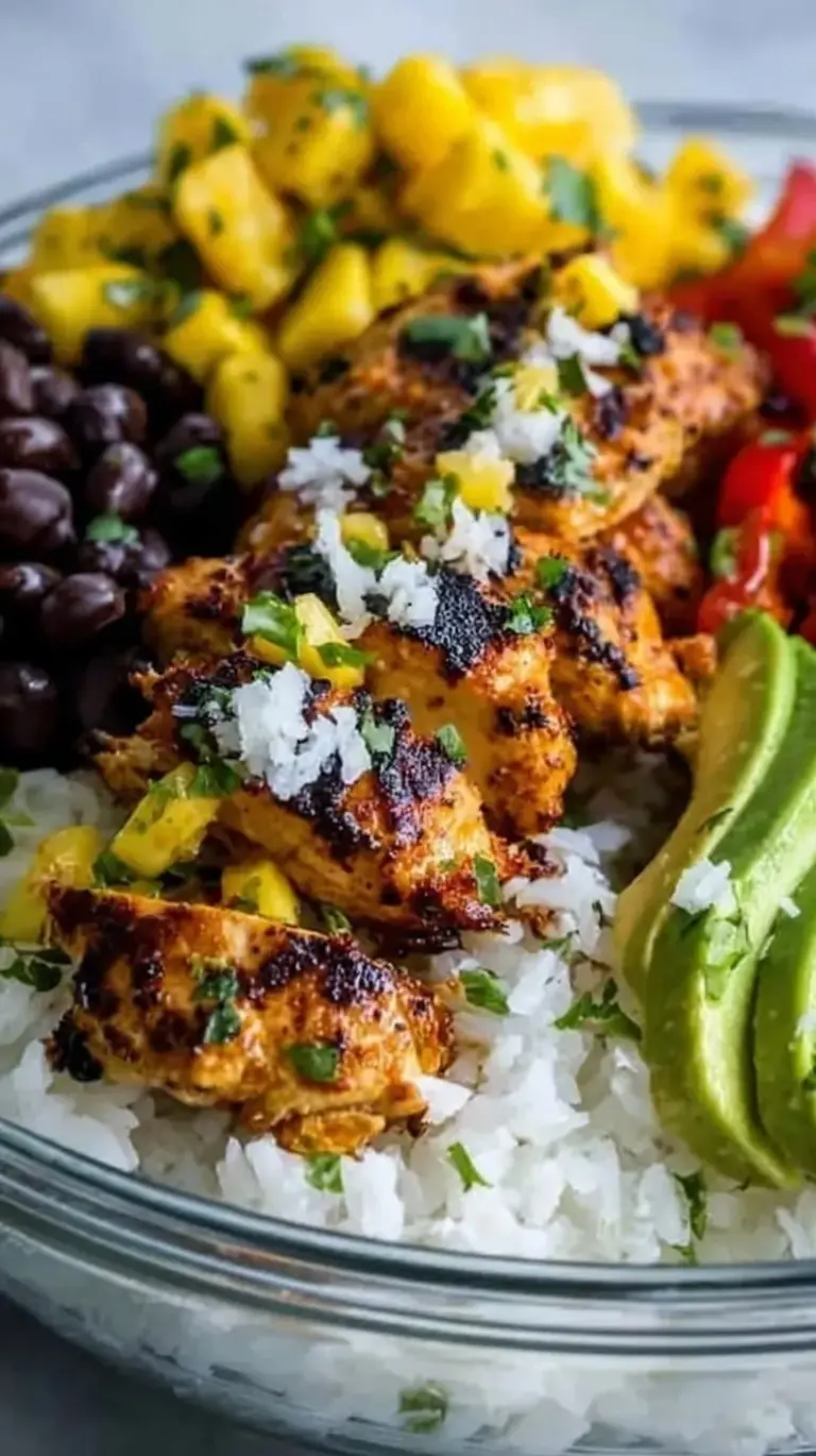 Four glass meal prep containers filled with jasmine rice, golden honey-lime chicken, and colorful mango red pepper salsa.