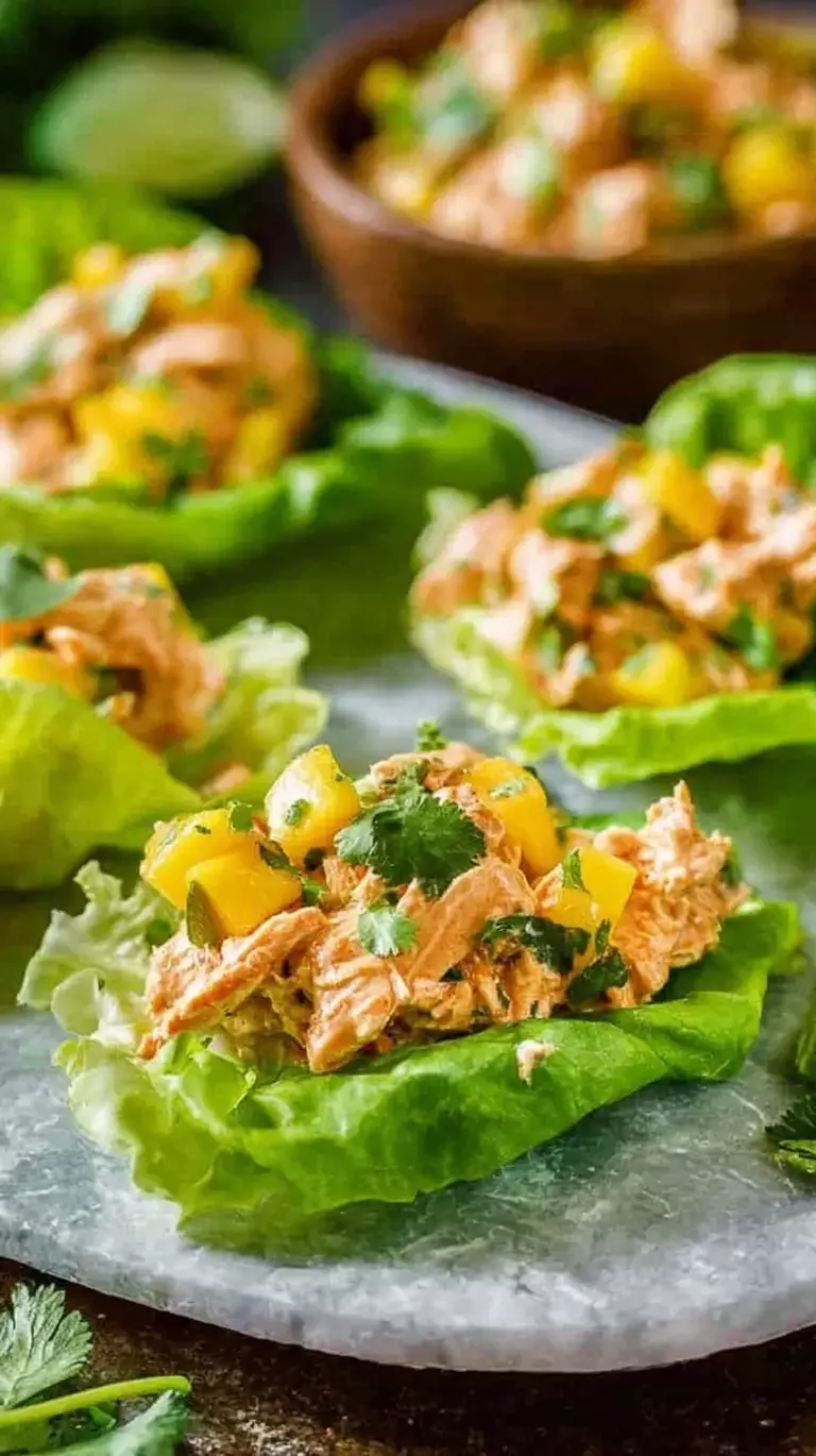 Vibrant mango chipotle chicken salad served in crisp green lettuce cups on a white platter.