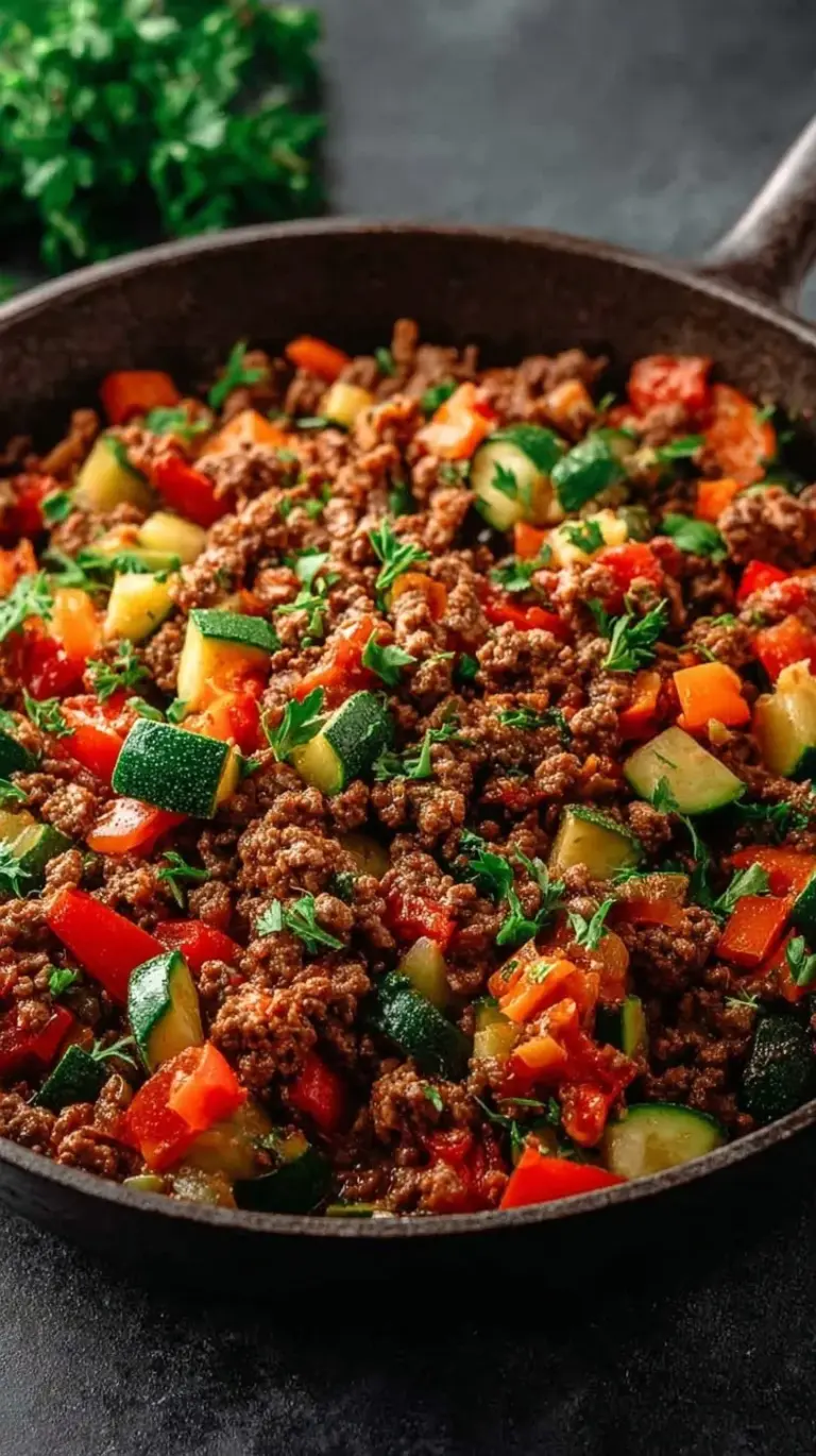 A colorful skillet filled with browned ground beef, green zucchini, and red and green bell peppers.