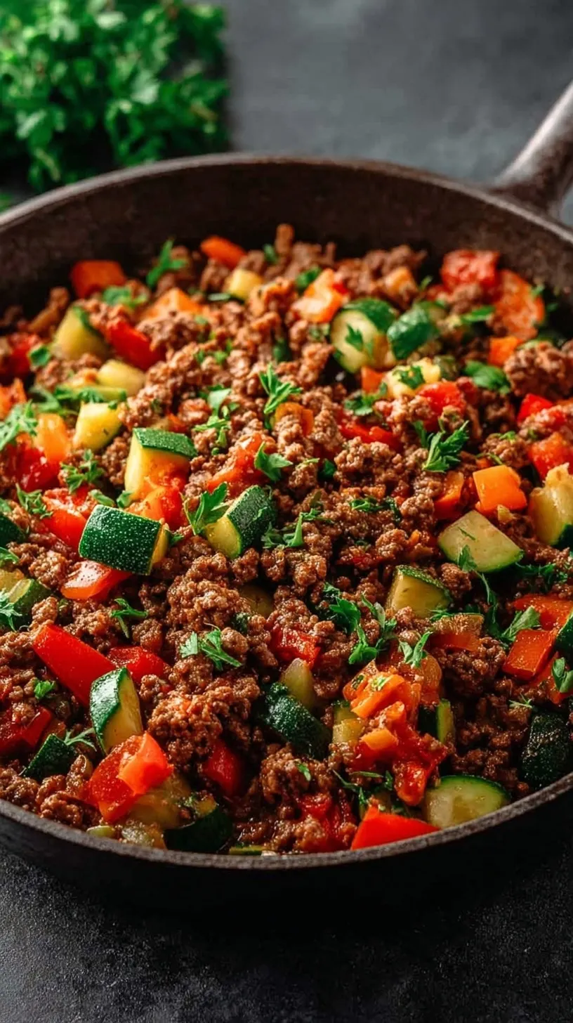 A colorful skillet filled with browned ground beef, green zucchini, and red and green bell peppers.
