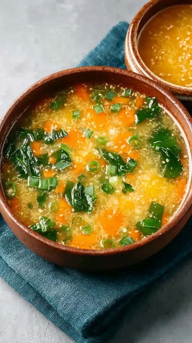 A steaming mug of golden medicinal veggie broth with fresh ginger and turmeric on a wooden table.