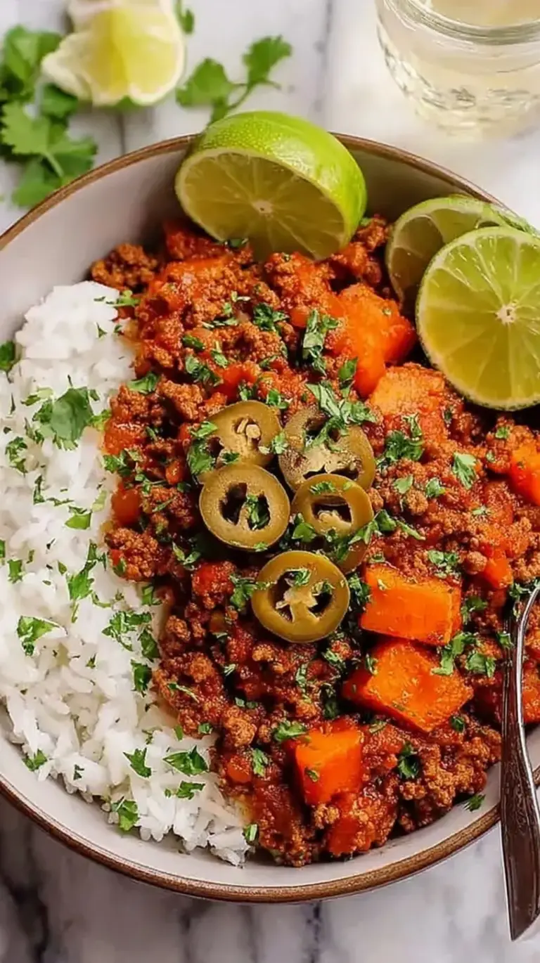 A steaming skillet of Mexican Picadillo with ground beef, diced potatoes, carrots, and green peas.