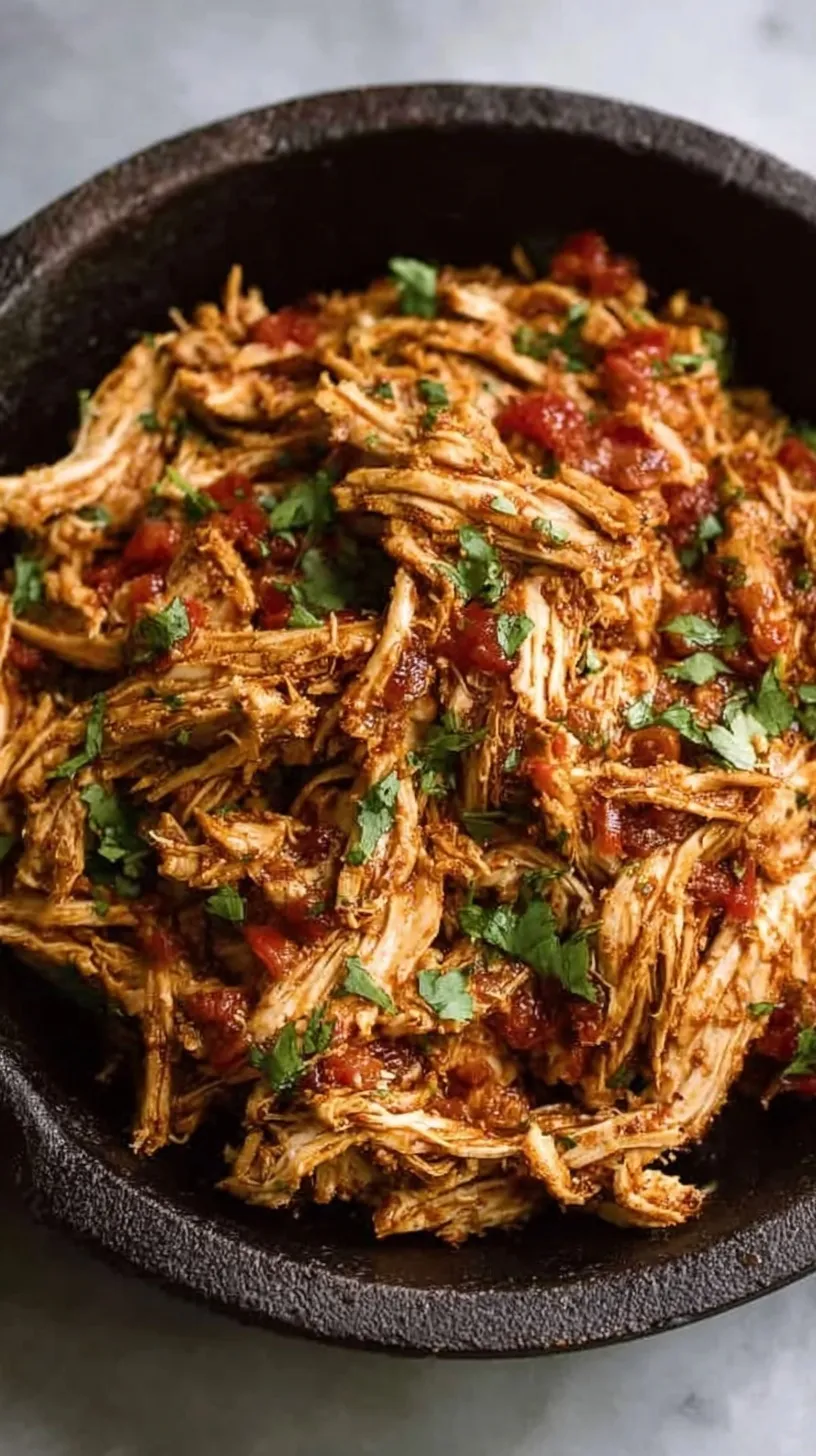 A bowl of seasoned Mexican Shredded Chicken topped with fresh cilantro and lime wedges.