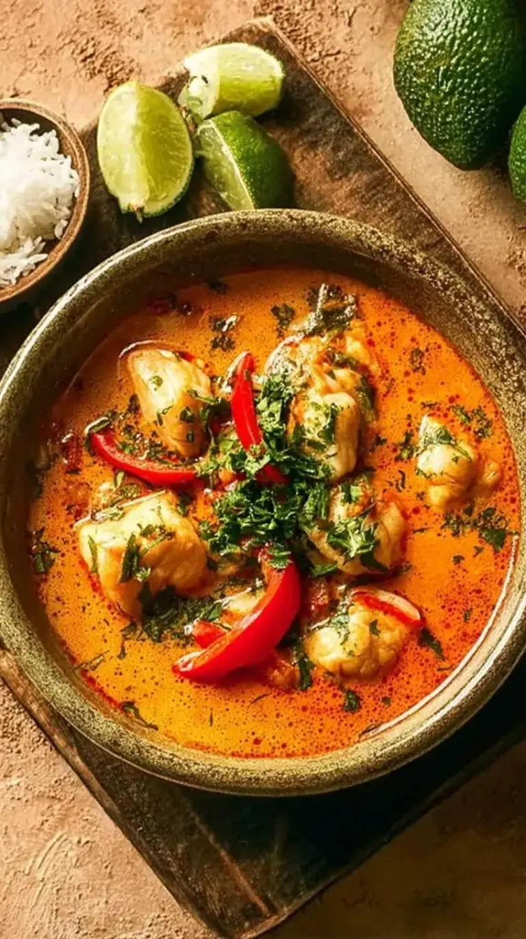 A colorful pot of Brazilian Fish Stew with white fish, shrimp, and bright bell peppers in a creamy coconut broth.