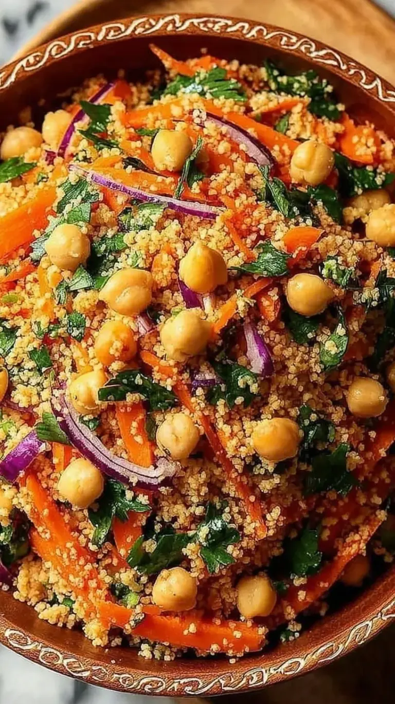 A colorful bowl of Moroccan couscous salad with grated carrots, chickpeas, and fresh parsley.