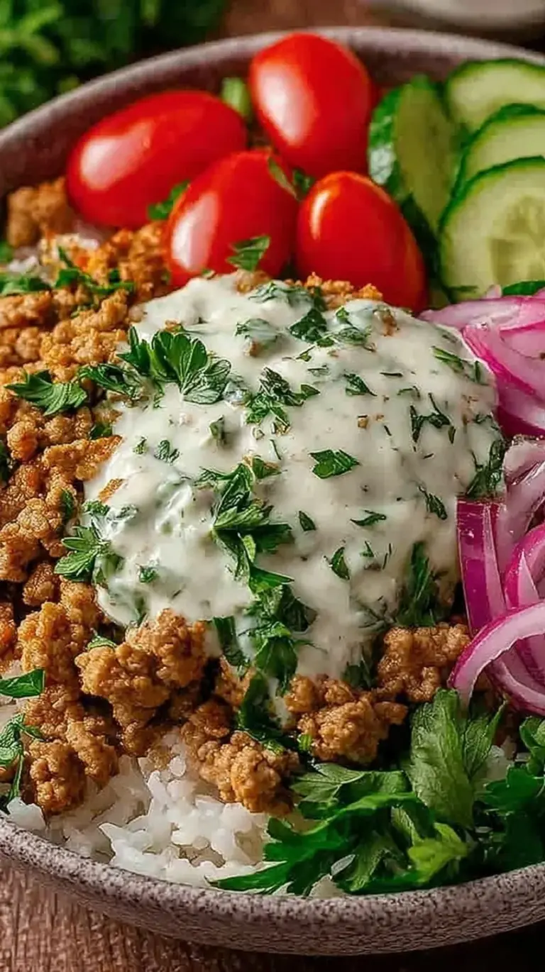 A colorful ground turkey bowl with broccoli, red peppers, and jasmine rice.