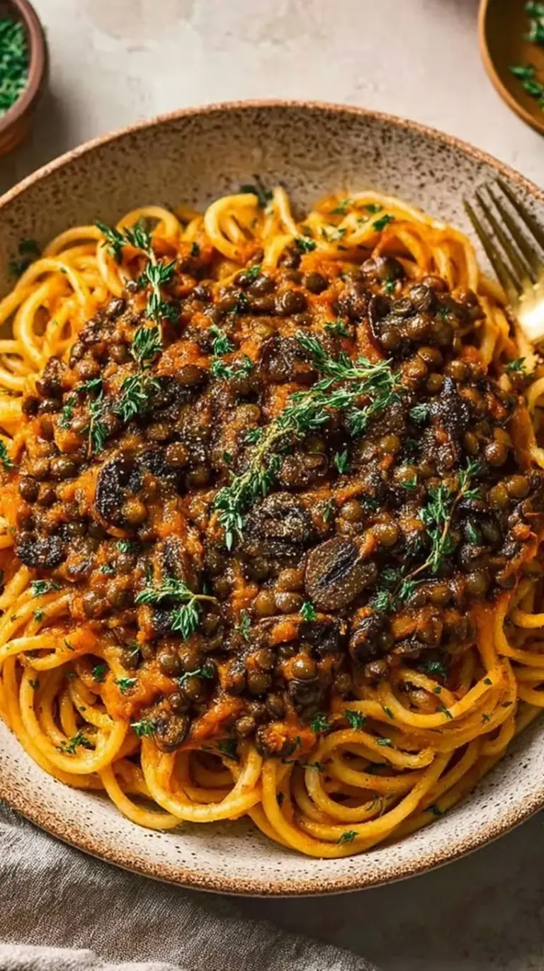 A close up of a rich brown mushroom ragu sauce served over pasta in a white bowl with fresh herbs